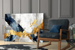 Indigo-and-gold cross-stroke abstract over modern dining table