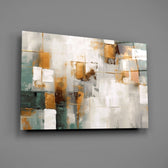 Patchwork plaster cinematic glass wall art over walnut dining sideboard