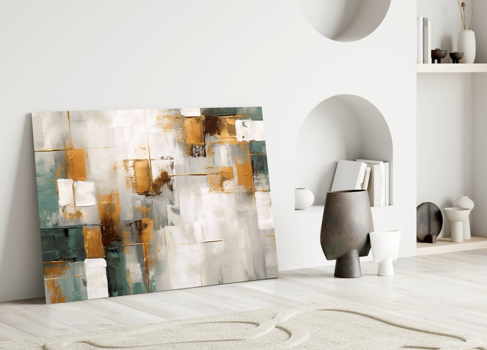 Painterly patchwork cinematic glass wall art over master-bedroom headboard