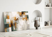 Painterly patchwork cinematic glass wall art over master-bedroom headboard