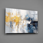Saffron-gold and navy gestural cinematic glass wall art over walnut sideboard