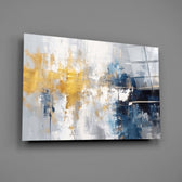 Saffron-gold and navy gestural cinematic glass wall art over walnut sideboard