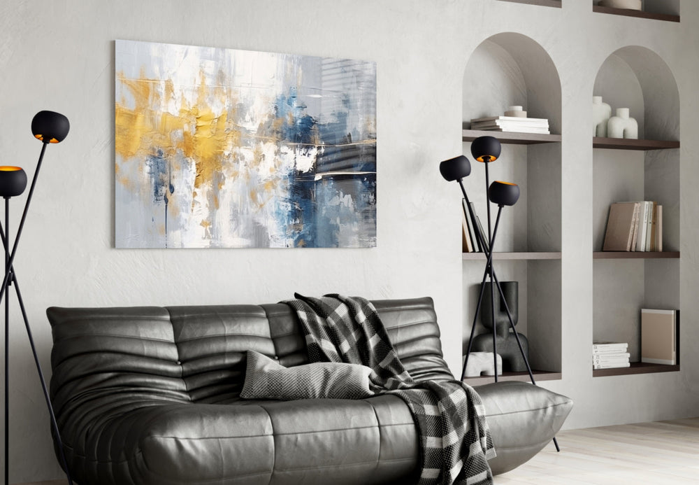 Painterly navy-and-gold cinematic glass wall art over master-bedroom headboard