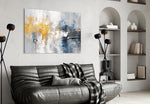 Painterly navy-and-gold cinematic glass wall art over master-bedroom headboard