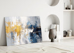Couture gold-burst abstract glass wall art in boutique-hotel lounge