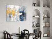 Pewter-and-navy field cinematic glass wall art in luxury powder-room