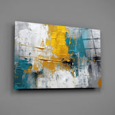 Marigold-and-teal expressionist cinematic glass wall art over walnut console