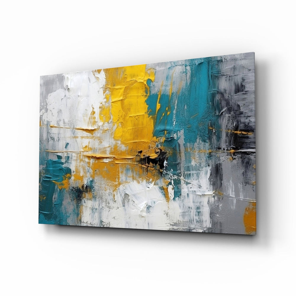 Saffron teal bold impasto cinematic glass wall art above linen sofa in designer lounge
