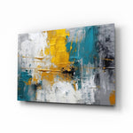 Saffron teal bold impasto cinematic glass wall art above linen sofa in designer lounge