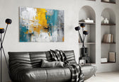 Expressionist studio painterly glass wall art in boutique-hotel reception