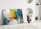 Saffron-and-teal cinematic glass wall art over master-bedroom headboard