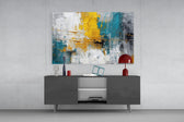 Bold studio painterly glass wall art in gallery-style hallway