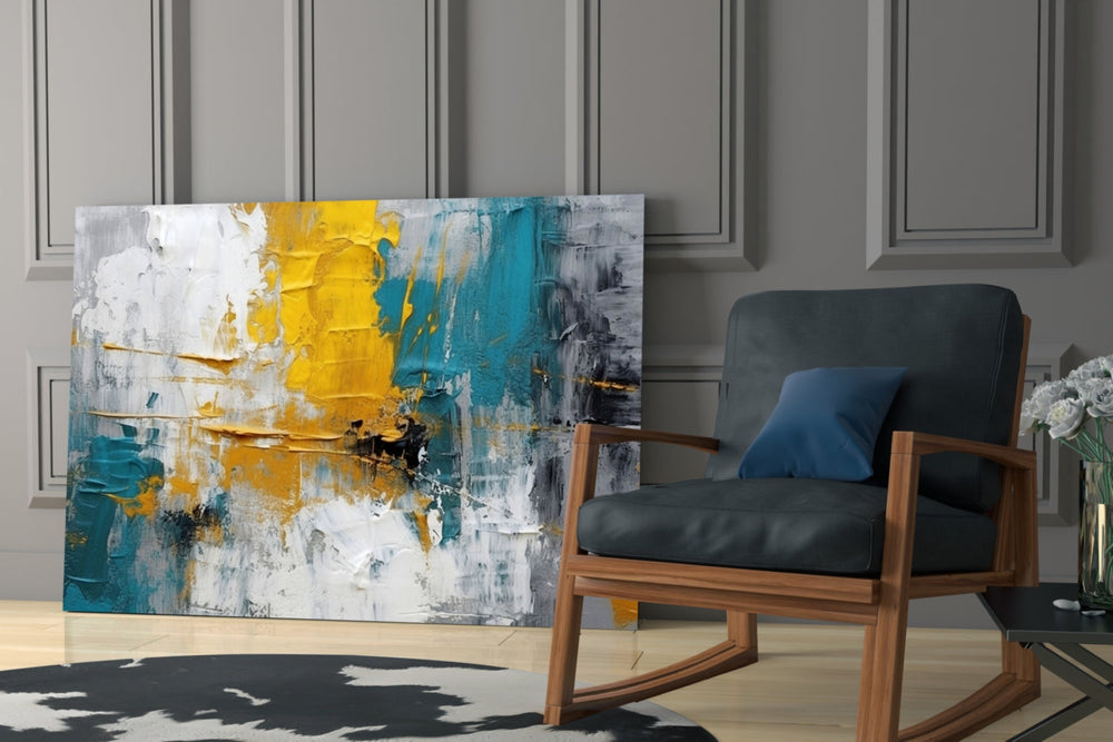Painterly impasto cinematic glass wall art over modern dining sideboard