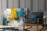 Painterly impasto cinematic glass wall art over modern dining sideboard