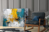 Painterly impasto cinematic glass wall art over modern dining sideboard