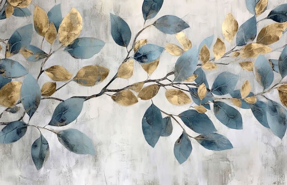 Zarif Altın ve Mavi Yapraklar Cam Tablo