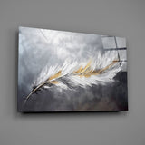 Painterly single-feather cinematic glass wall art over walnut dining sideboard