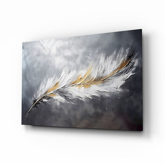 Pearl gold feather impasto glass wall art above velvet headboard in glamorous bedroom