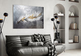 Antique-gold quill cinematic glass wall art in heritage hallway