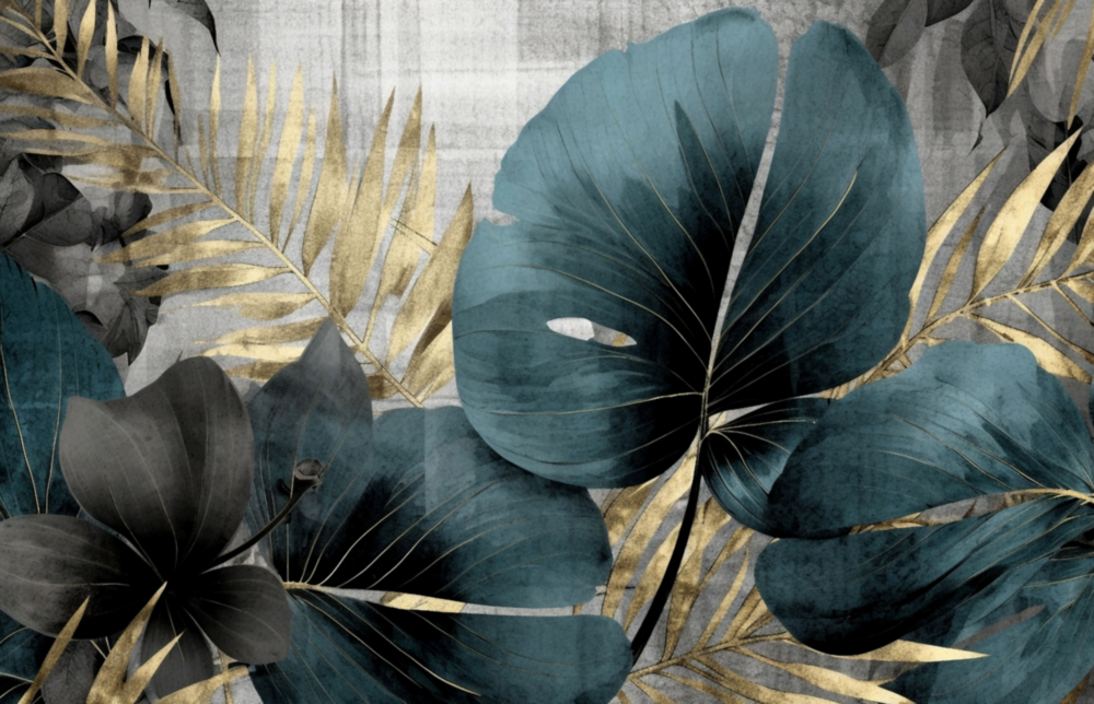 Zarif Turkuaz ve Altın Yaprak Cam Tablo