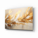 Golden plume painterly cinematic glass wall art above ivory boucle sofa