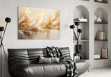 Gold-leaf flame cinematic glass wall art over master-bedroom headboard