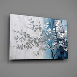 Navy-and-ivory tree cinematic glass wall art over walnut dining sideboard