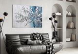 Cobalt-and-cream blossom cinematic glass wall art in heritage living room