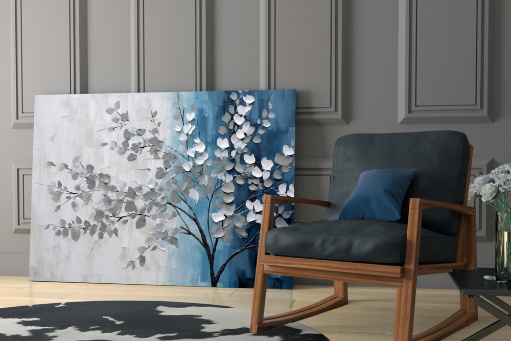 Sculpted-blossom navy landscape glass wall art over modern bar cabinet
