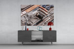 Vintage clipper-and-comb cinematic glass wall art in gentleman's library