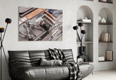 Heritage barber-tools glass wall art in vintage-themed hallway
