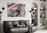 Heritage barber-tools glass wall art in vintage-themed hallway