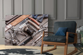 Polished-steel grooming cinematic glass wall art in master-bathroom