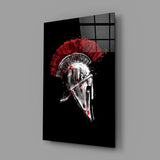 Corinthian warrior helmet glass wall art in martial-arts dojo entry