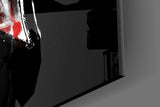 300-style helmet cinematic glass wall art over walnut bar cabinet