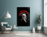 Graphic-novel Spartan glass wall art in home-gym above weight bench