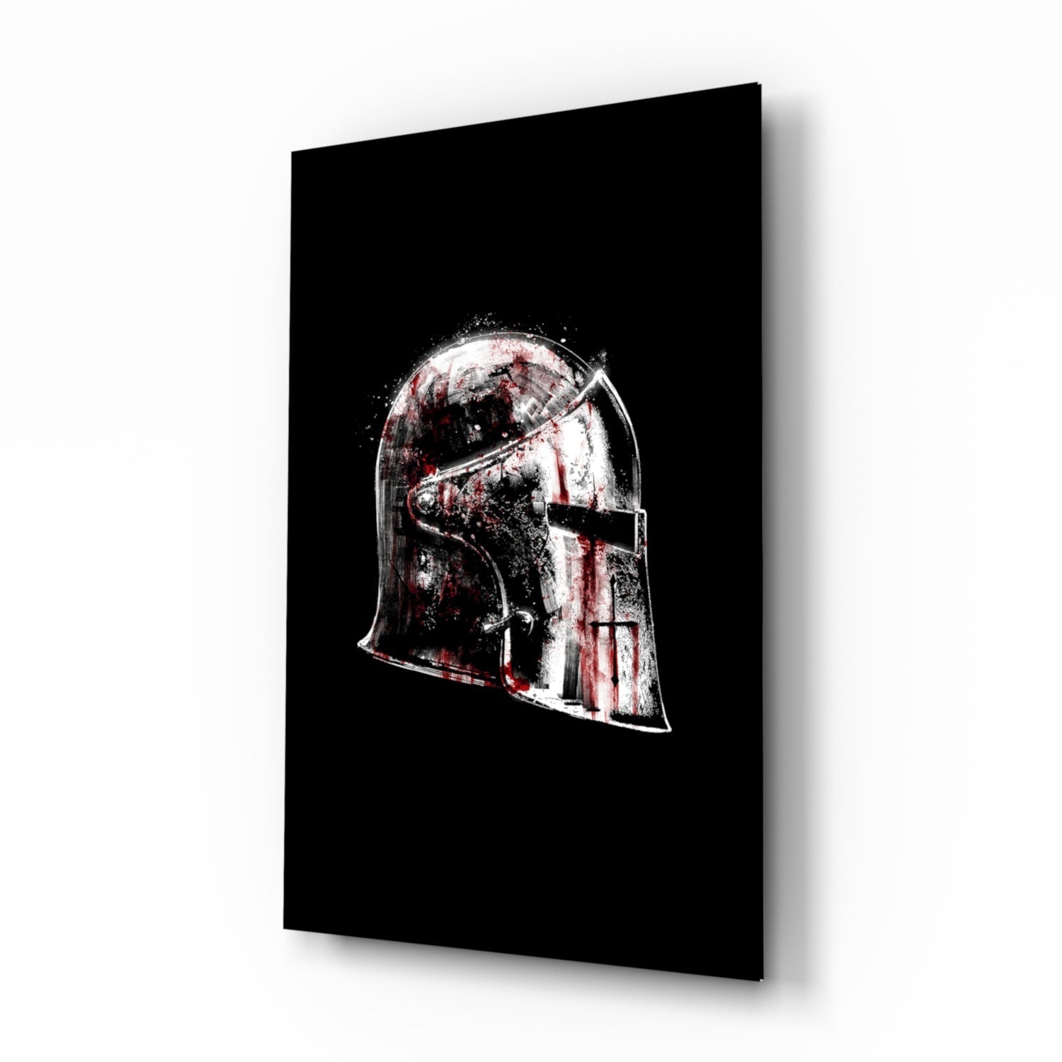 Medieval knight helmet cinematic glass wall art above leather chesterfield in heritage study
