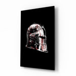 Medieval knight helmet cinematic glass wall art above leather chesterfield in heritage study