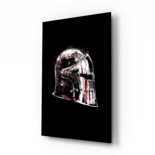 Medieval knight helmet cinematic glass wall art above leather chesterfield in heritage study