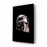 Medieval knight helmet cinematic glass wall art above leather chesterfield in heritage study