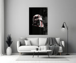 Crimson-and-silver helm cinematic glass wall art over master-bedroom headboard