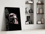 Battle-scarred crusader glass wall art in gentleman's hallway