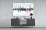 Reflected-architecture cinematic glass wall art in gallery hallway