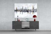 Reflected-architecture cinematic glass wall art in gallery hallway