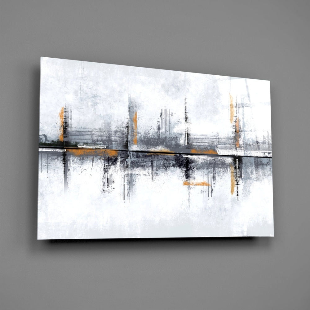 Ghostly cityscape abstract glass wall art over walnut console in creative office