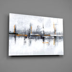 Ghostly cityscape abstract glass wall art over walnut console in creative office