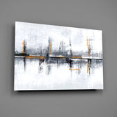 Ghostly cityscape abstract glass wall art over walnut console in creative office