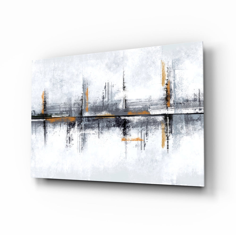 Pewter marigold mirrored skyline cinematic glass wall art above linen sofa in designer lounge