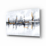 Pewter marigold mirrored skyline cinematic glass wall art above linen sofa in designer lounge