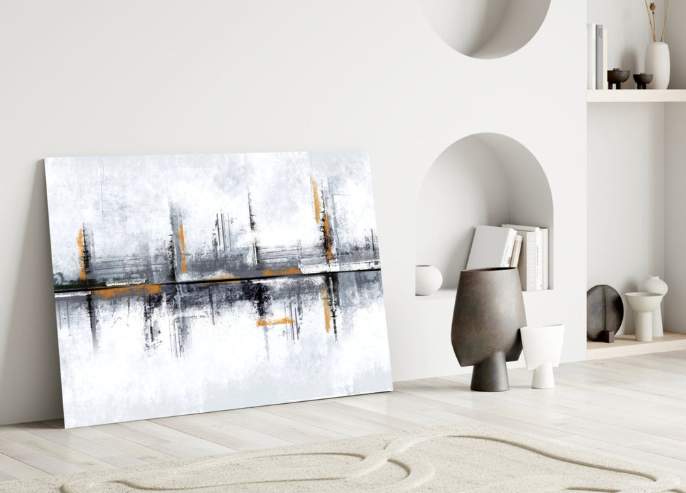 Painterly skyline cinematic glass wall art over master-bedroom headboard